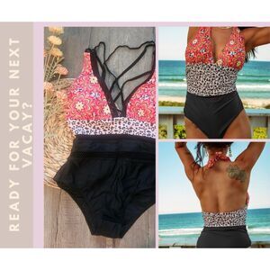 High Waist One-Piece | Plunge Neck‎ Floral + Leopard Print Swimsuit - Size S